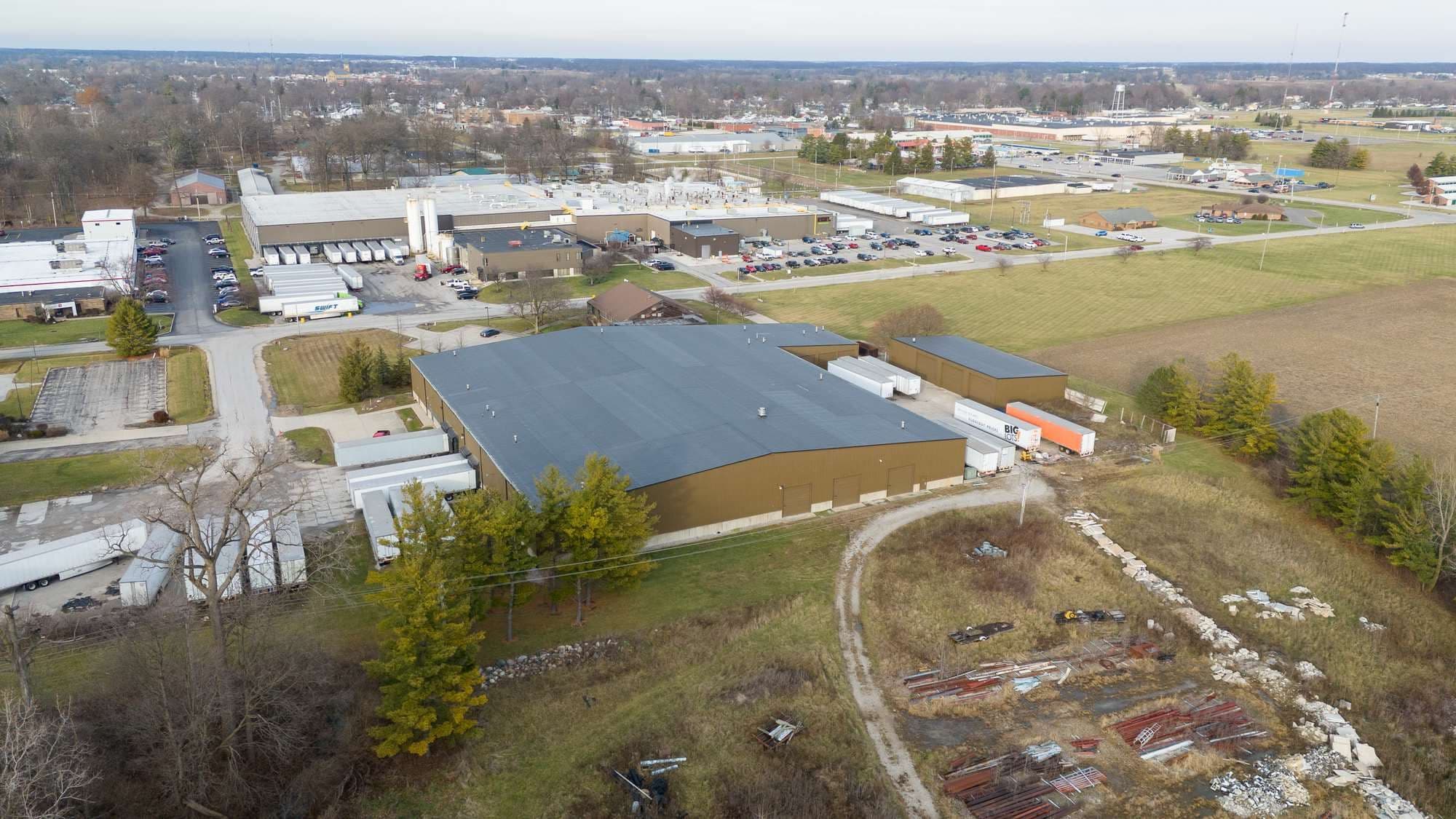 Aerial view showing the warehouse directly across from the Hershey Salty Snacks factory in Bluffton, Indiana
